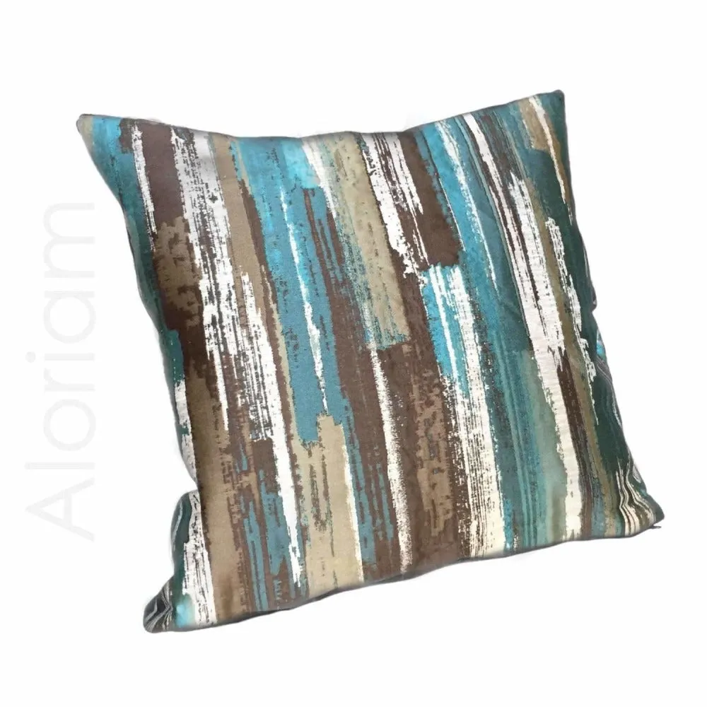 (CLEARANCE) Designer Abstract Paint Brush Strokes Teal Green Brown Beige Pillow Cover