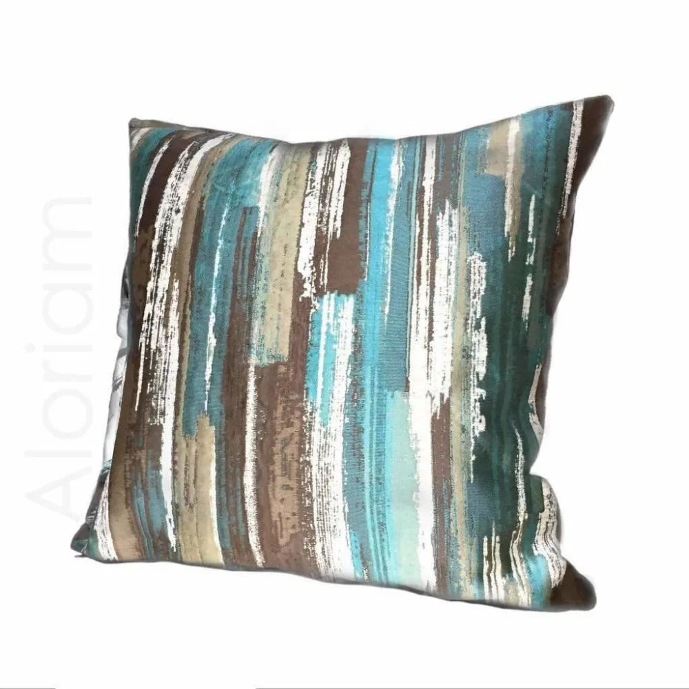 (CLEARANCE) Designer Abstract Paint Brush Strokes Teal Green Brown Beige Pillow Cover