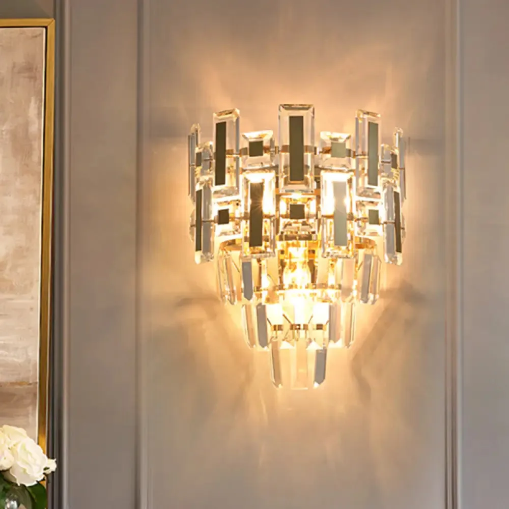 Contemporary Clear Crystal Wall Sconce with 5 Tiers and 3 Lights for Family Room Flush Mount