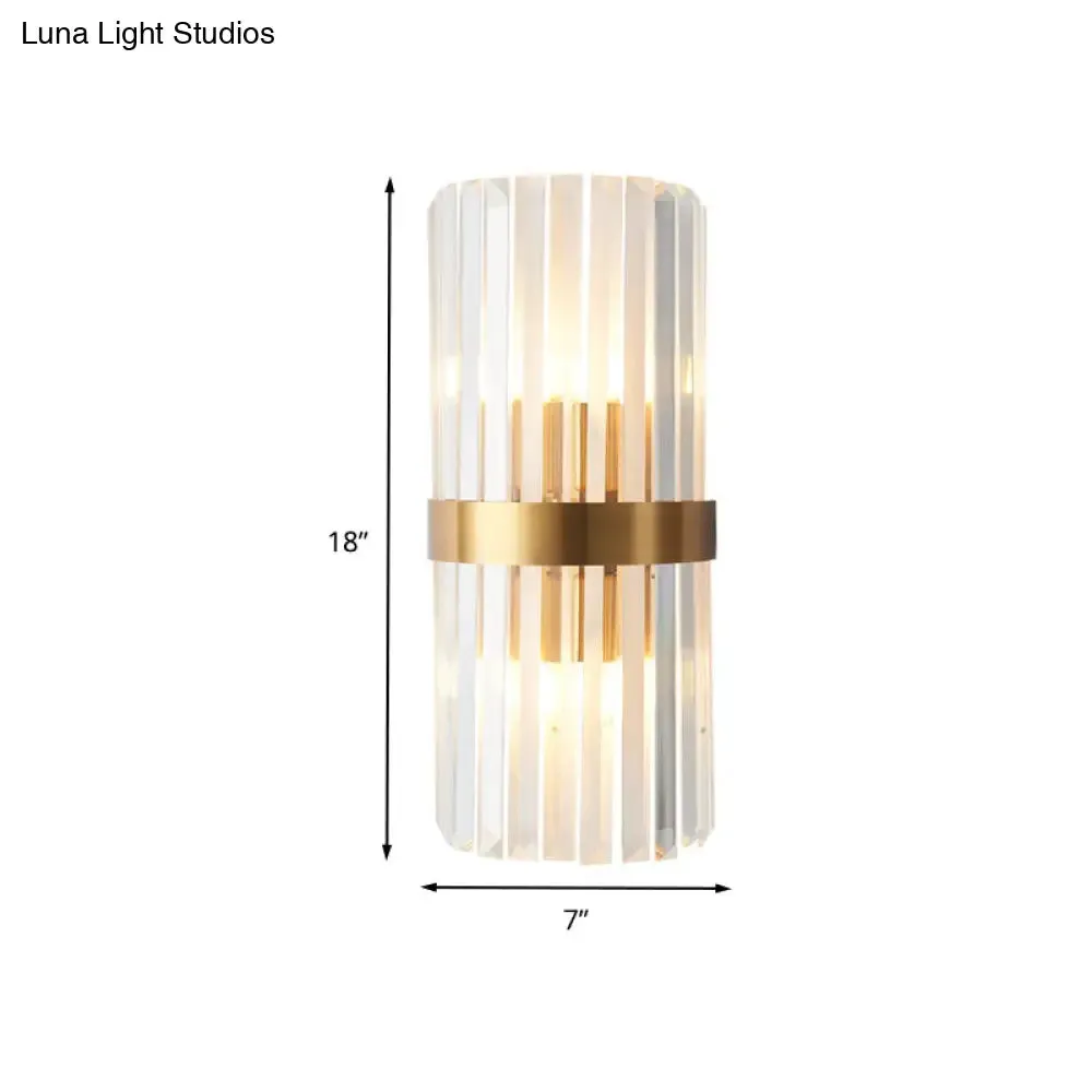 Contemporary Cylinder Sconce Light: Dual Head Gold Wall Mounted Fixture with Crystal Rod Accent