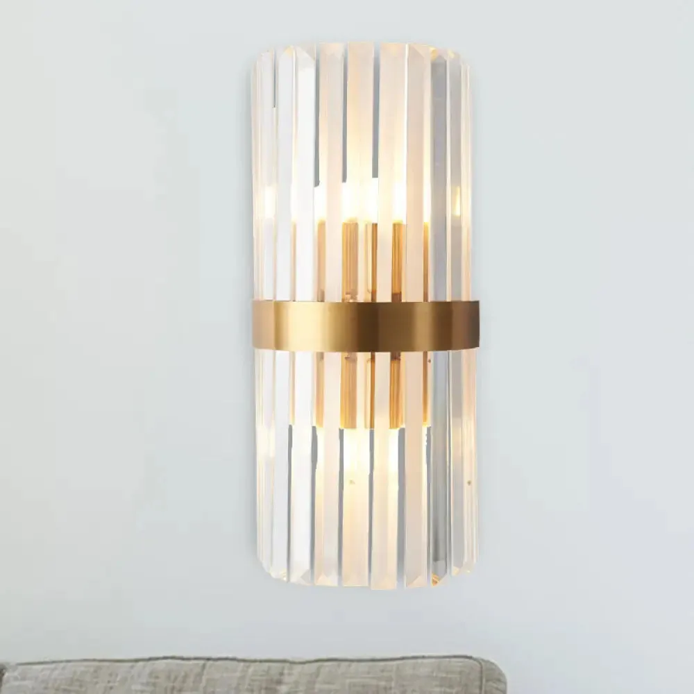 Contemporary Cylinder Sconce Light: Dual Head Gold Wall Mounted Fixture with Crystal Rod Accent