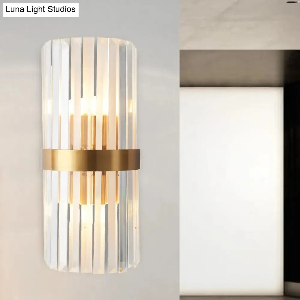 Contemporary Cylinder Sconce Light: Dual Head Gold Wall Mounted Fixture with Crystal Rod Accent