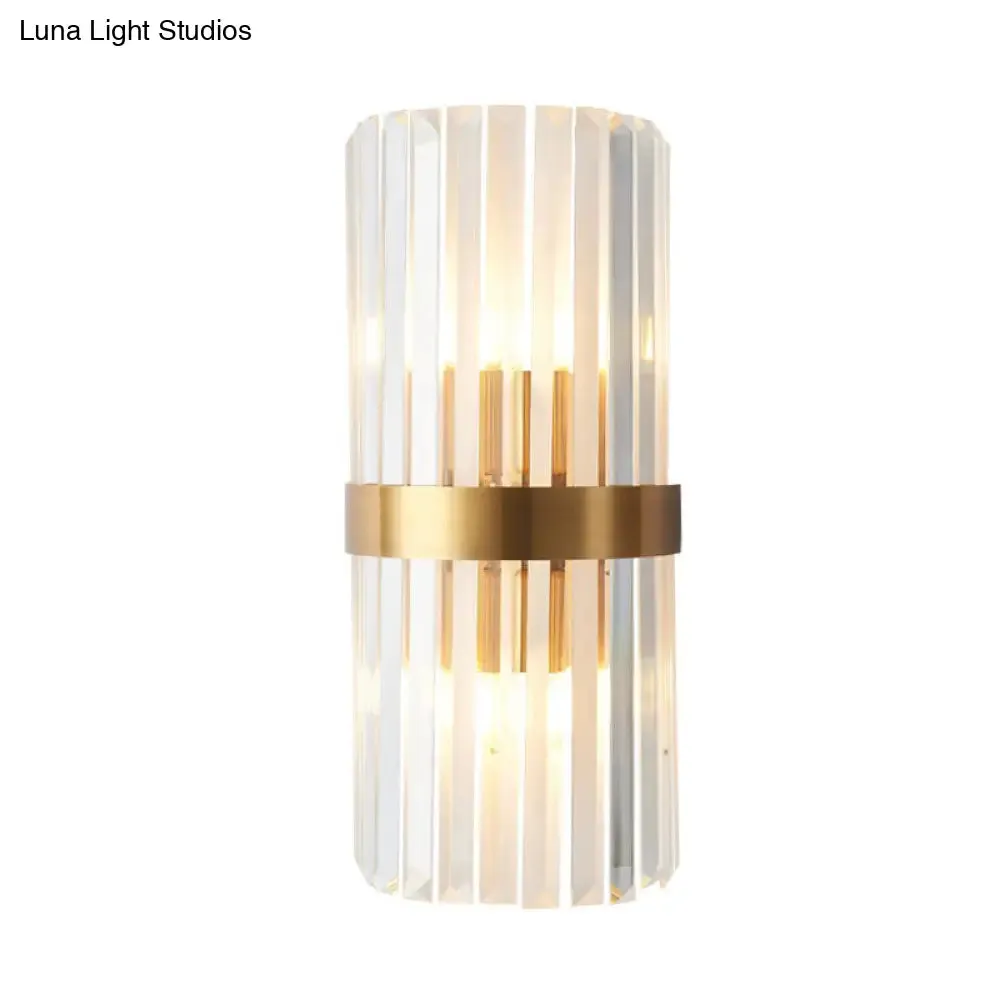 Contemporary Cylinder Sconce Light: Dual Head Gold Wall Mounted Fixture with Crystal Rod Accent