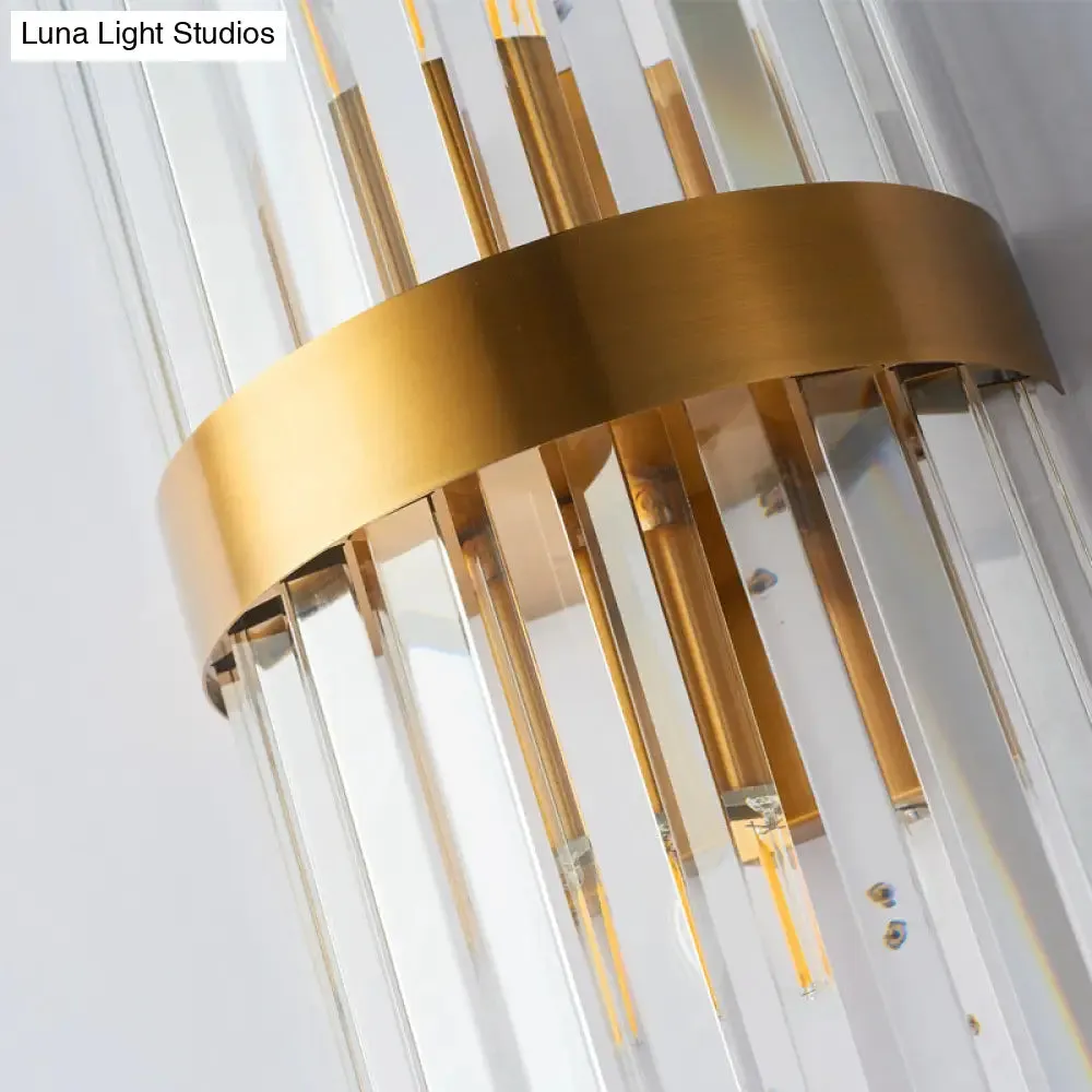 Contemporary Cylinder Sconce Light: Dual Head Gold Wall Mounted Fixture with Crystal Rod Accent