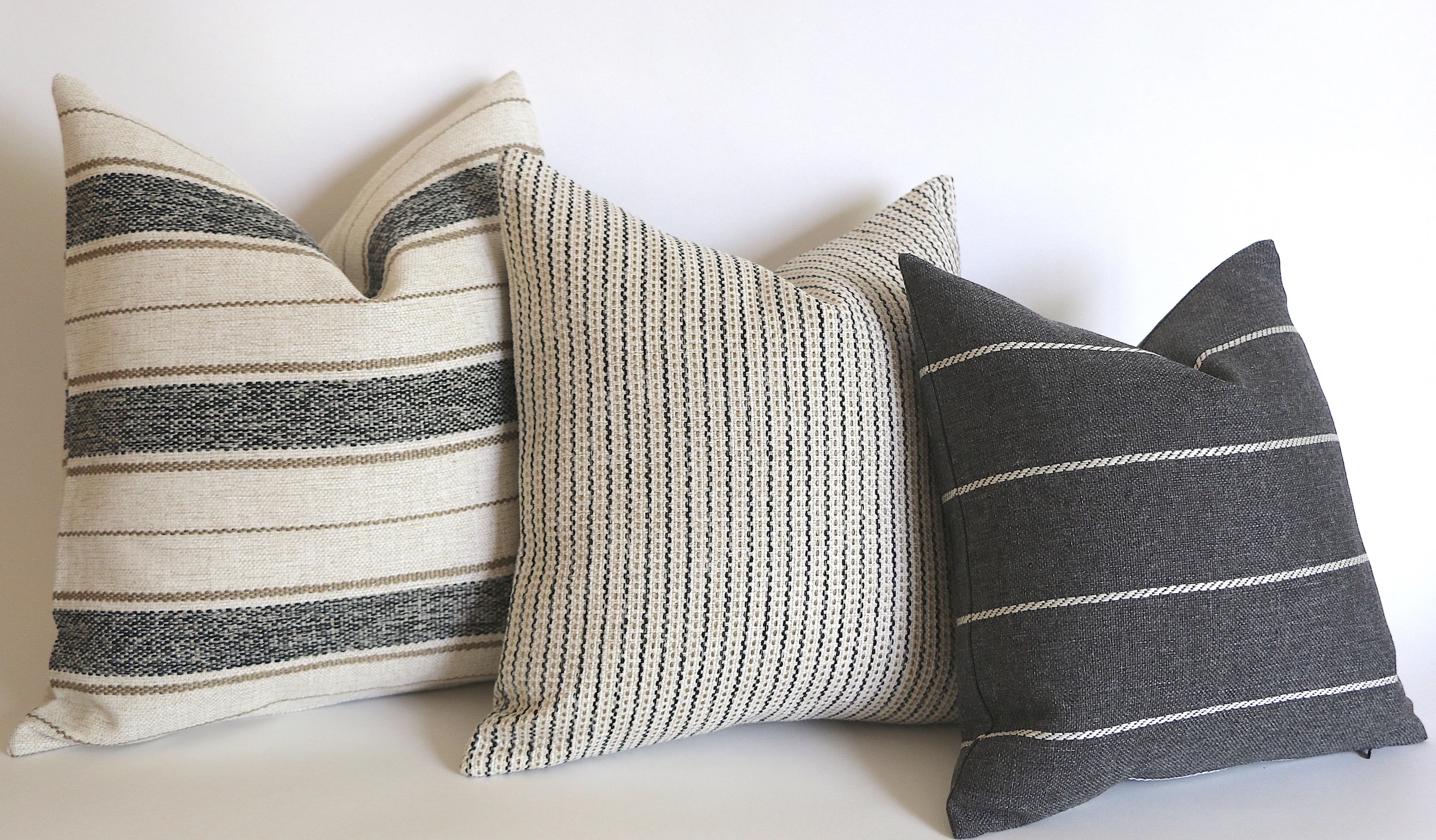 Cottonwood Falls Collection: Vintage Style Pillow Cover / Charcoal and Beige Striped Performance Pillow Cover