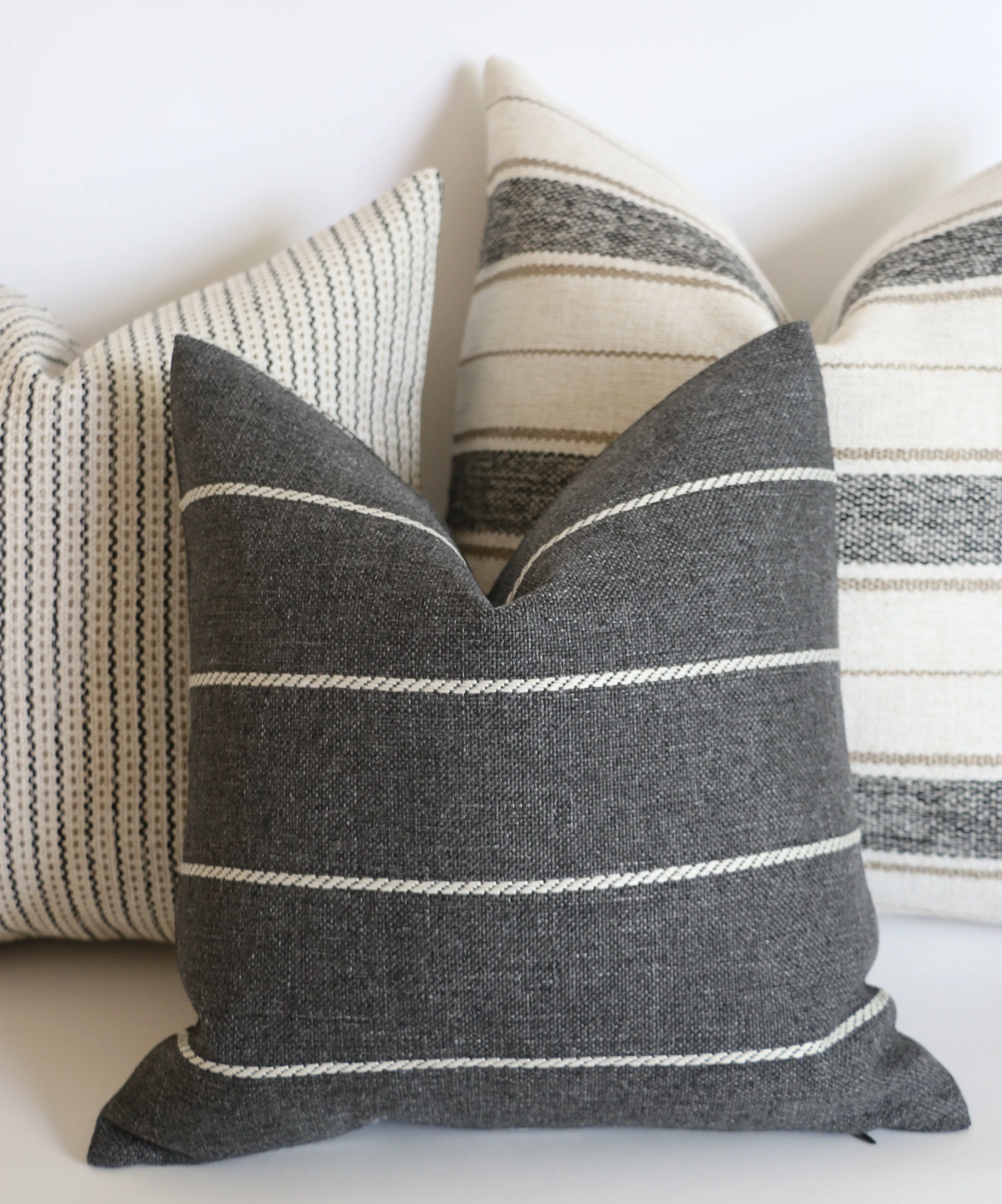 Cottonwood Falls Collection: Vintage Style Pillow Cover / Charcoal and Beige Striped Performance Pillow Cover