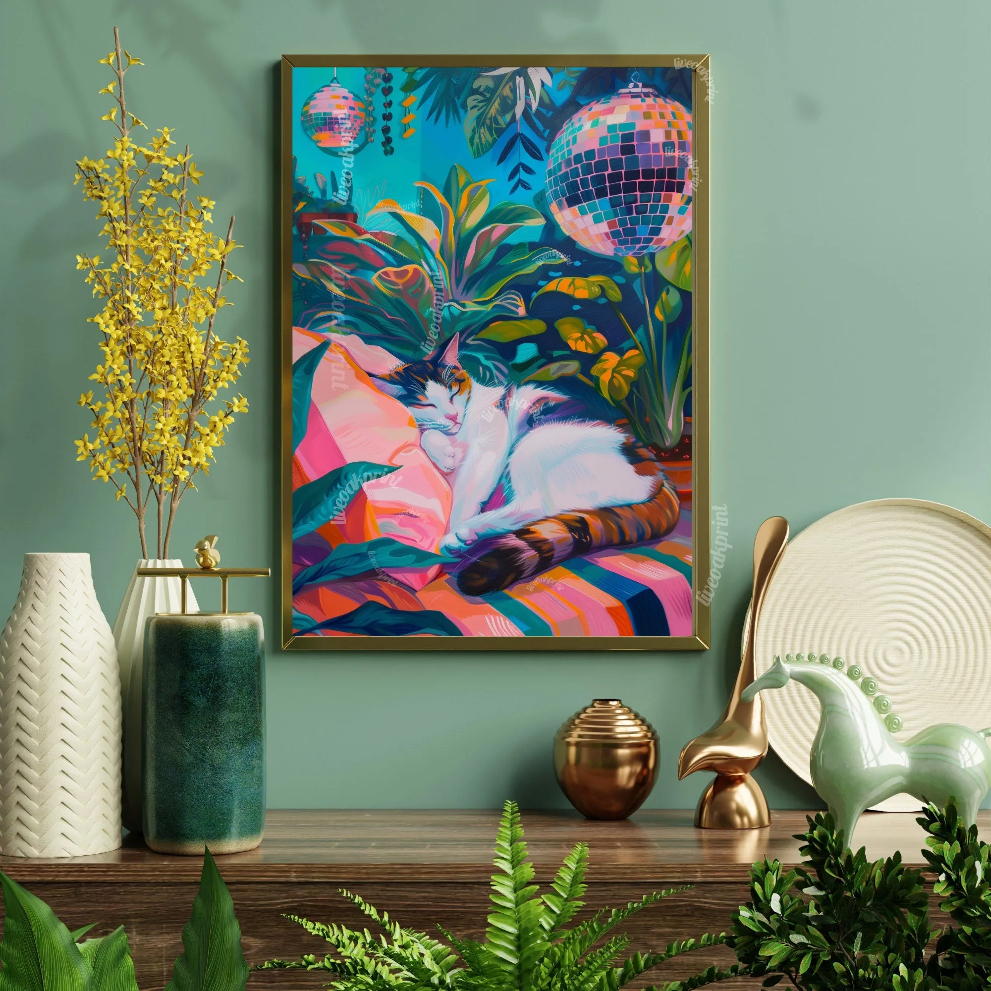 Cozy Disco Cat - Sleeping Cat - Botanical Cat Print - Disco Ball Cat Print - Boho Wall Art-  Eclectic Bedroom Art - Boho Living Room