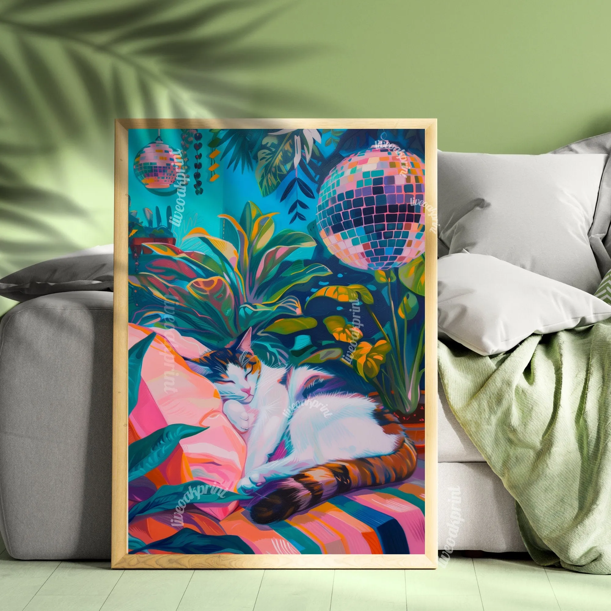 Cozy Disco Cat - Sleeping Cat - Botanical Cat Print - Disco Ball Cat Print - Boho Wall Art-  Eclectic Bedroom Art - Boho Living Room