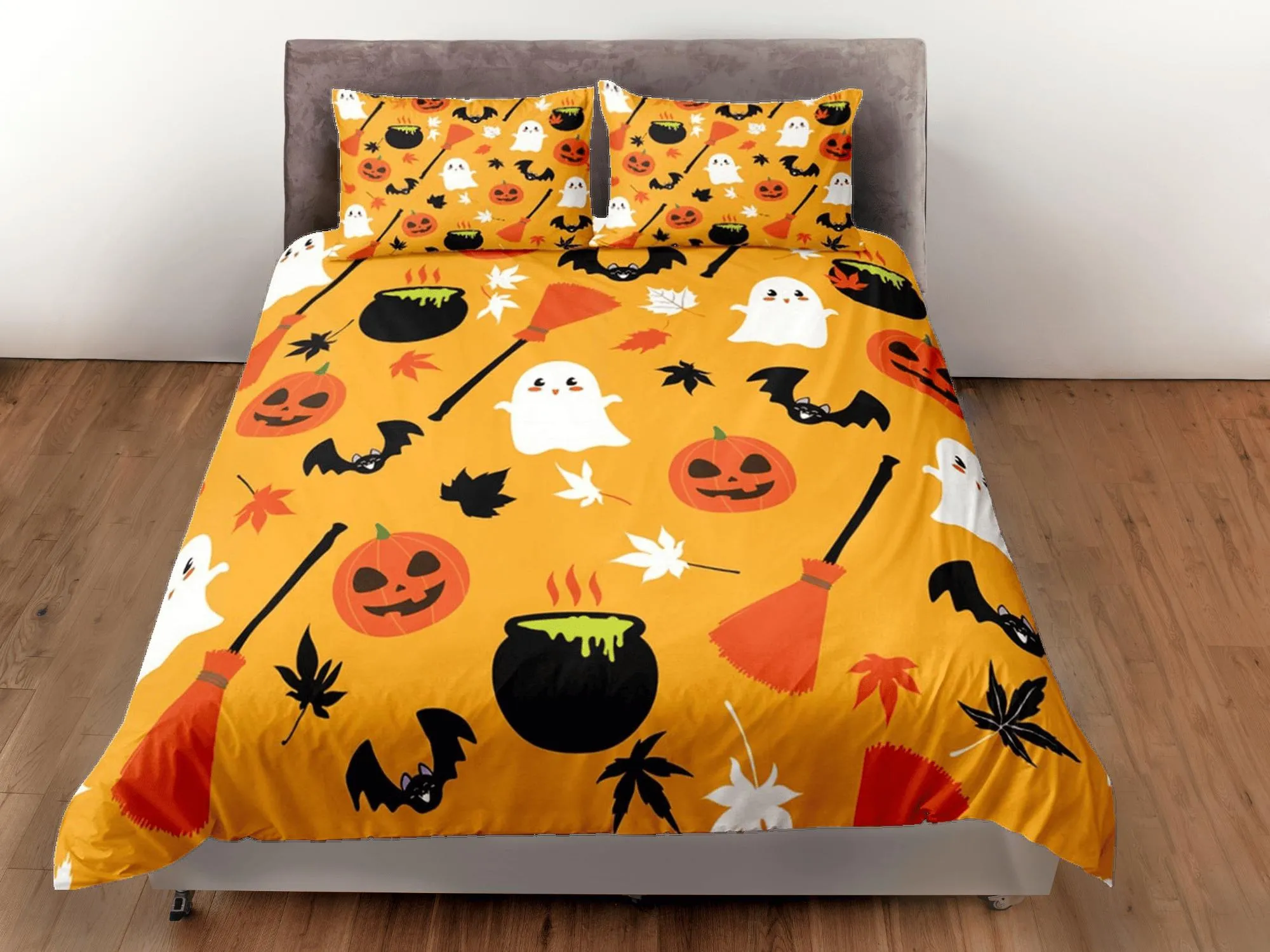 Cute yellow orange pumpkin halloween bedding & pillowcase, gothic duvet cover, dorm bedding, goth decor toddler bedding, halloween gift