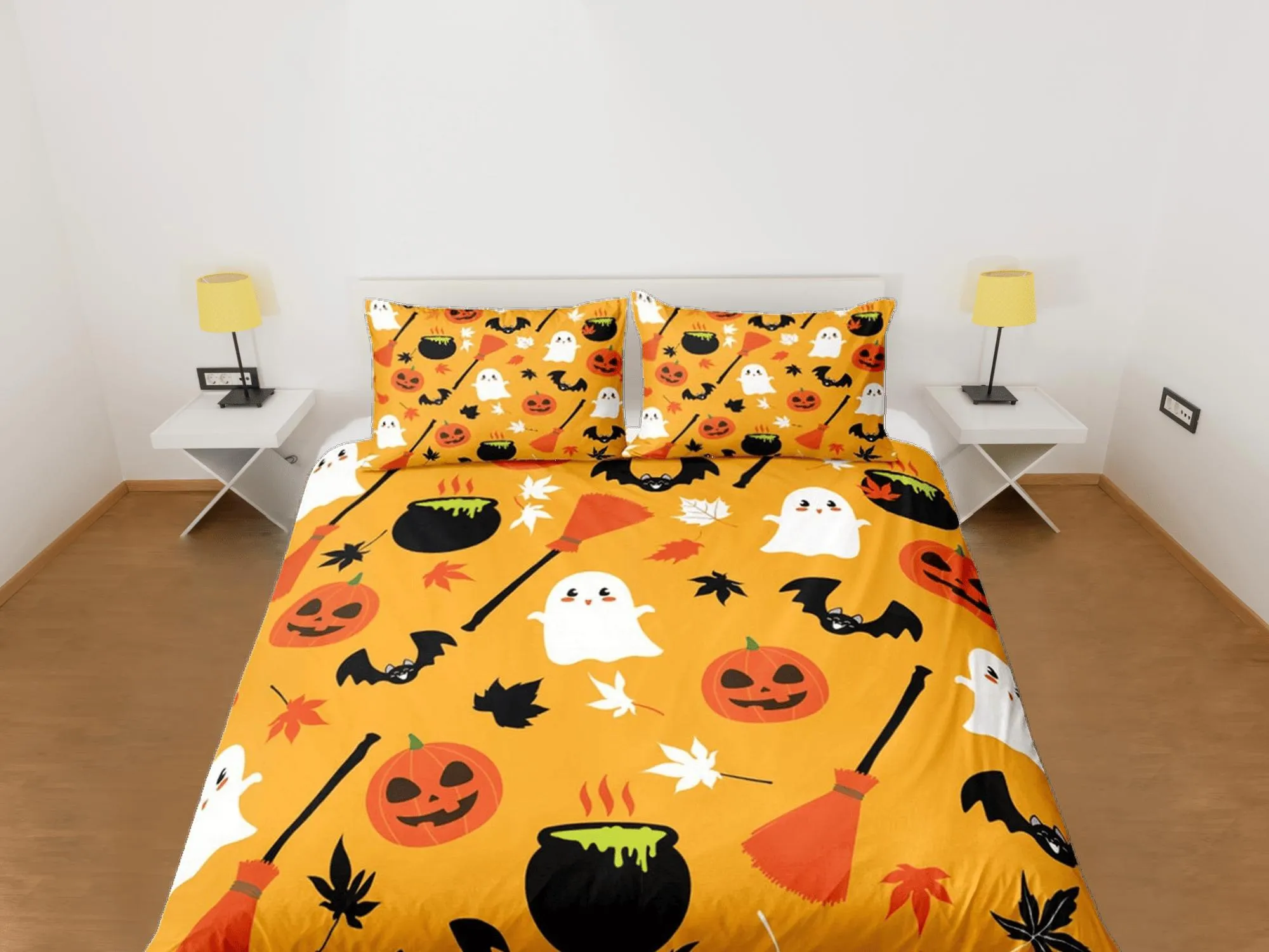 Cute yellow orange pumpkin halloween bedding & pillowcase, gothic duvet cover, dorm bedding, goth decor toddler bedding, halloween gift