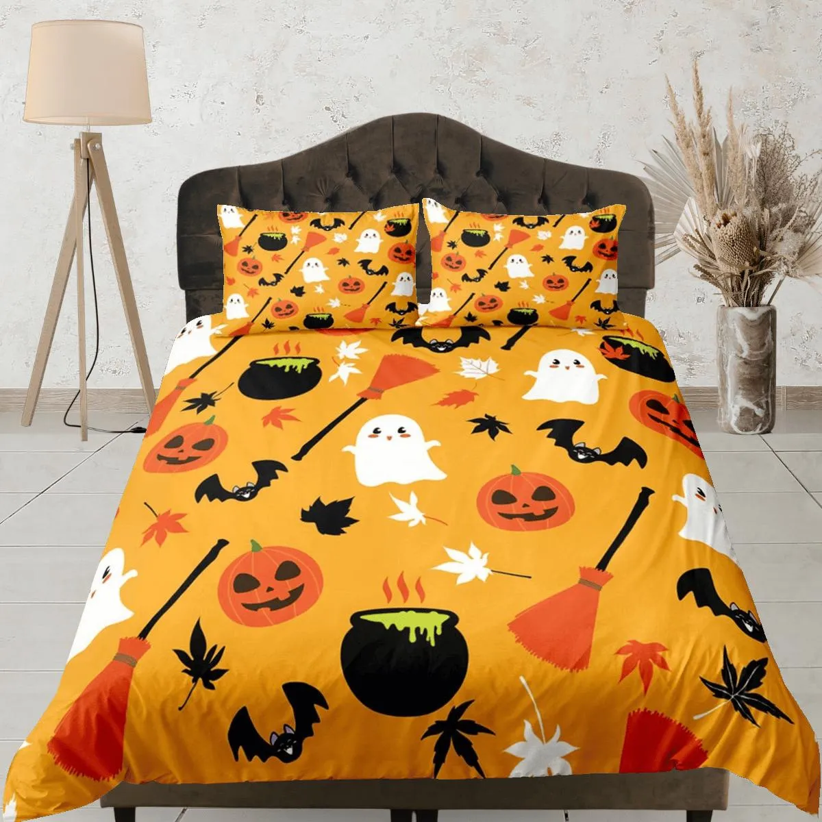 Cute yellow orange pumpkin halloween bedding & pillowcase, gothic duvet cover, dorm bedding, goth decor toddler bedding, halloween gift