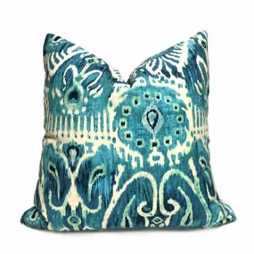 Designer Teal Green Cream Ikat Ethnic Motif Pillow Cover