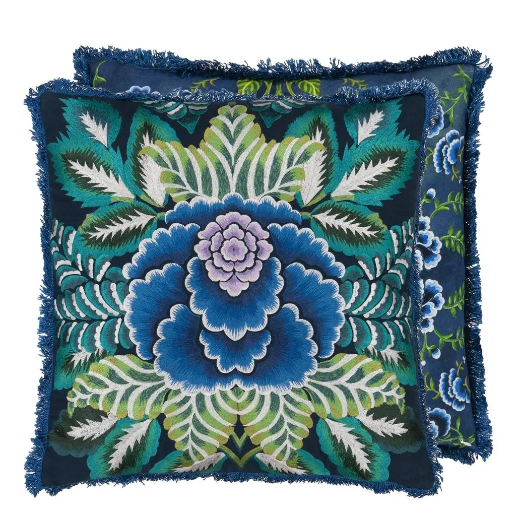 Designers Guild Rose De Damas Embroidered Indigo Decorative Pillow