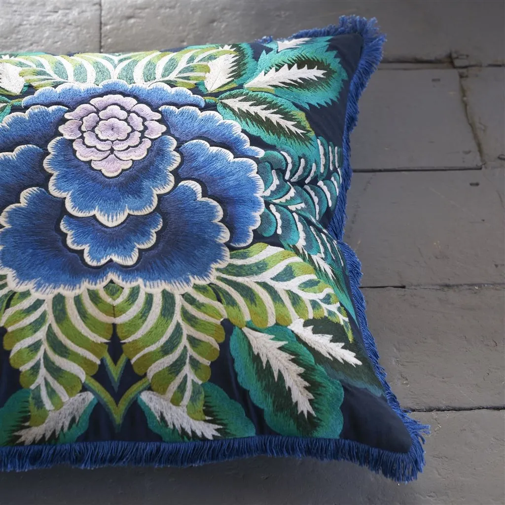 Designers Guild Rose De Damas Embroidered Indigo Decorative Pillow