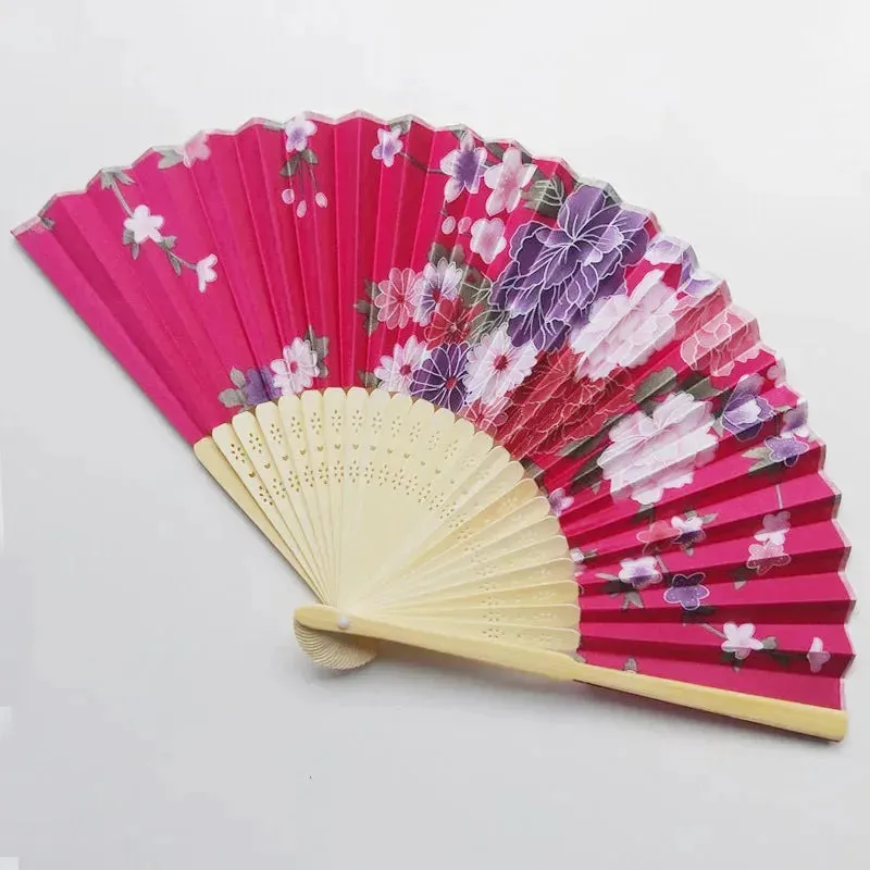 Elegant Foldable Cloth Hand Fans with Bamboo Ribs and Floral Design for Weddings, Parties, and Dance Performances