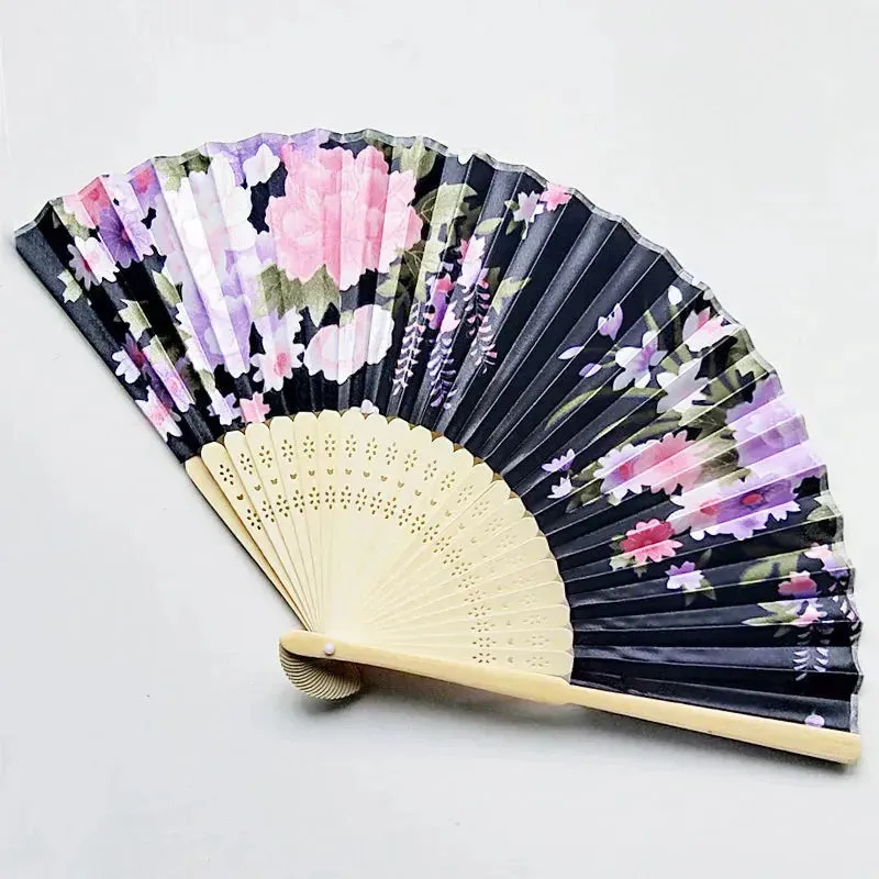 Elegant Foldable Cloth Hand Fans with Bamboo Ribs and Floral Design for Weddings, Parties, and Dance Performances