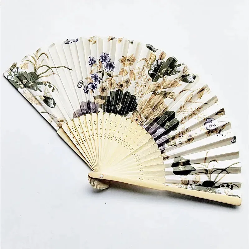 Elegant Foldable Cloth Hand Fans with Bamboo Ribs and Floral Design for Weddings, Parties, and Dance Performances