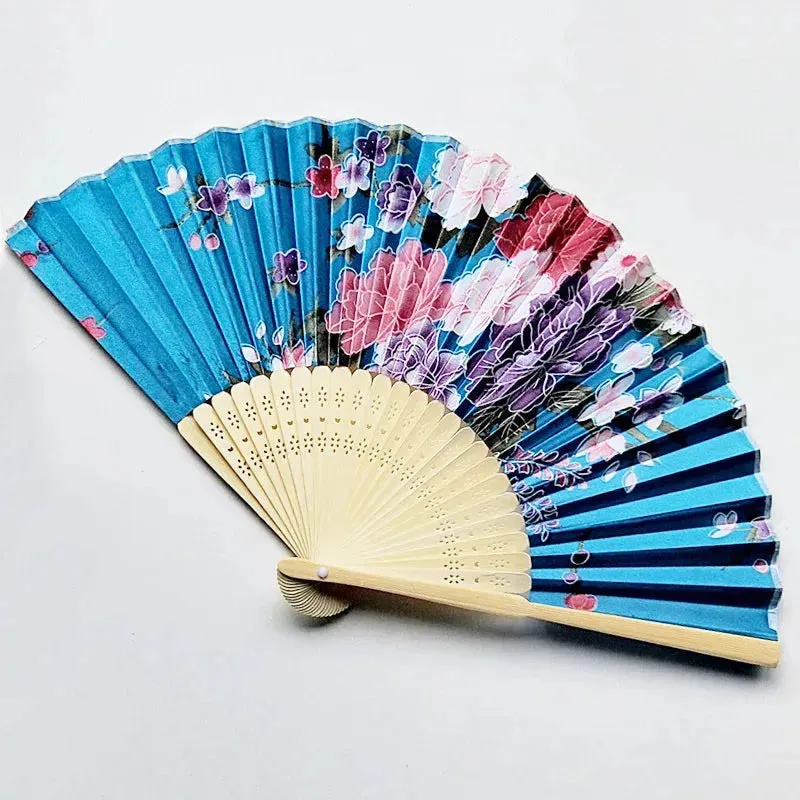 Elegant Foldable Cloth Hand Fans with Bamboo Ribs and Floral Design for Weddings, Parties, and Dance Performances