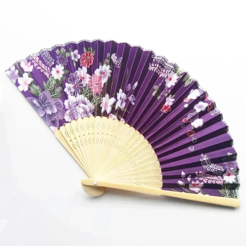 Elegant Foldable Cloth Hand Fans with Bamboo Ribs and Floral Design for Weddings, Parties, and Dance Performances