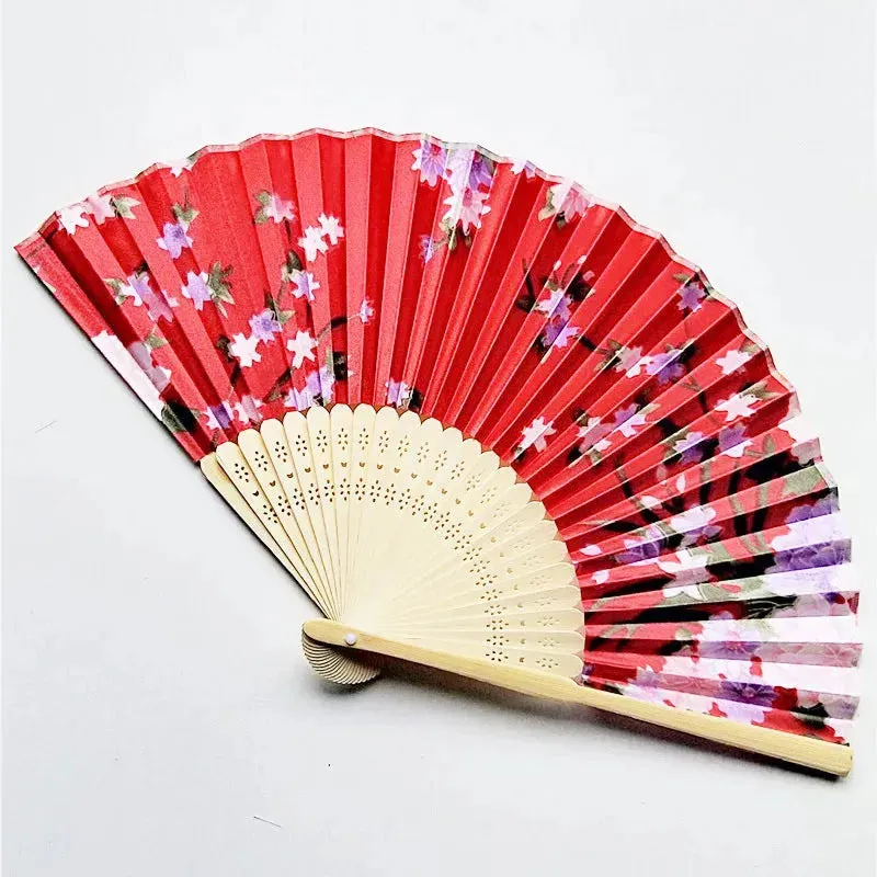 Elegant Foldable Cloth Hand Fans with Bamboo Ribs and Floral Design for Weddings, Parties, and Dance Performances