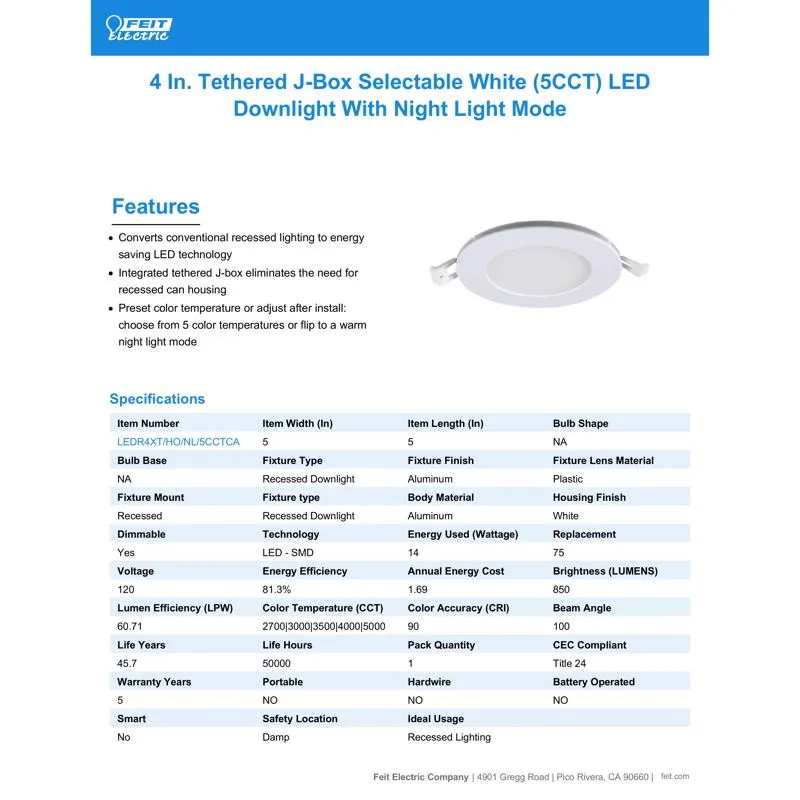 Feit LED Retrofits White 5 in. W Aluminum LED Canless Recessed Downlight 14 W