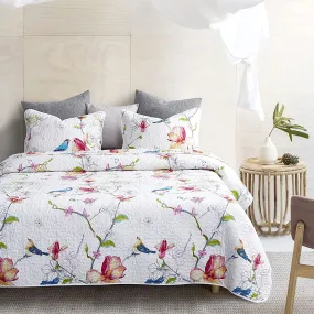 Floral Quilt Set, Botanical Flowers Birds Pattern Printed, 100% Cotton