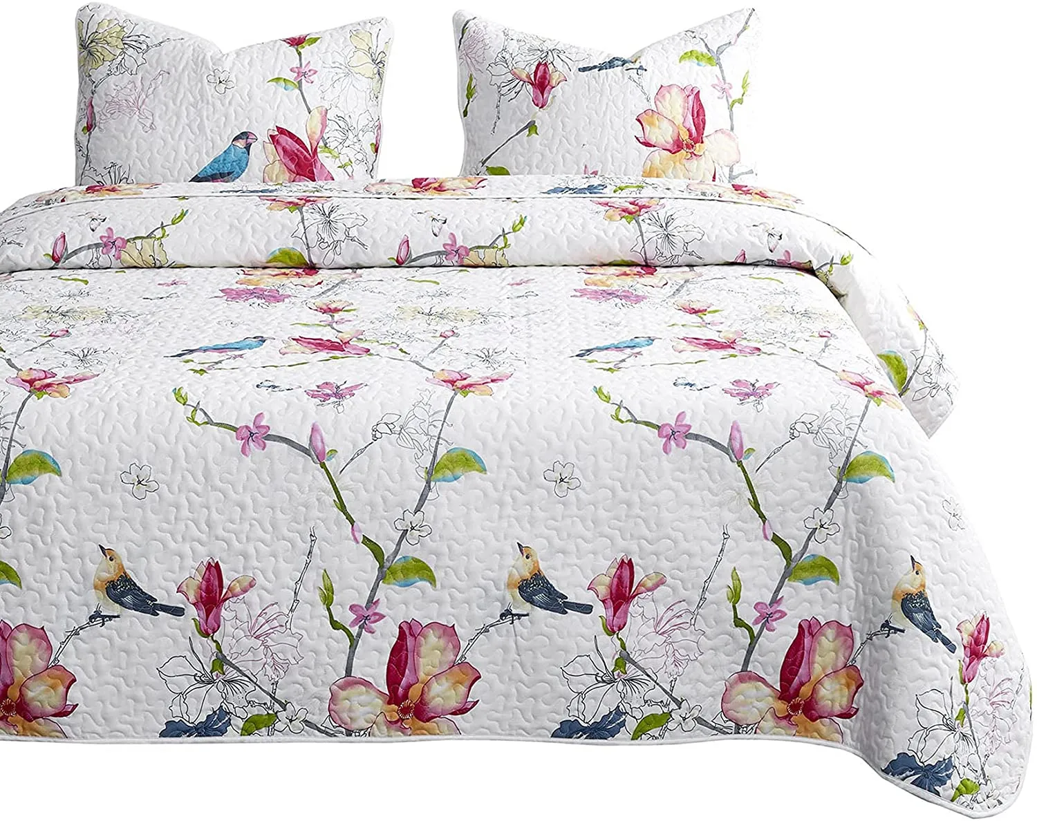 Floral Quilt Set, Botanical Flowers Birds Pattern Printed, 100% Cotton