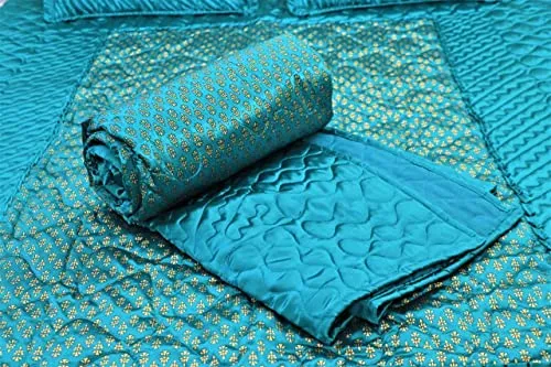 Generic Satin Luxury Gold Printed Quilted Microfibre King Size Bedding Wedding Bedsheet Set ???, Set of 8 Pieces for Home & Living Room (Green)