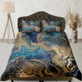 Gold Marble Swirl Blue Duvet Cover Set Colorful Bedspread, Dorm Bedding & Pillowcase, King Duvet Cover Full, Comforter Queen