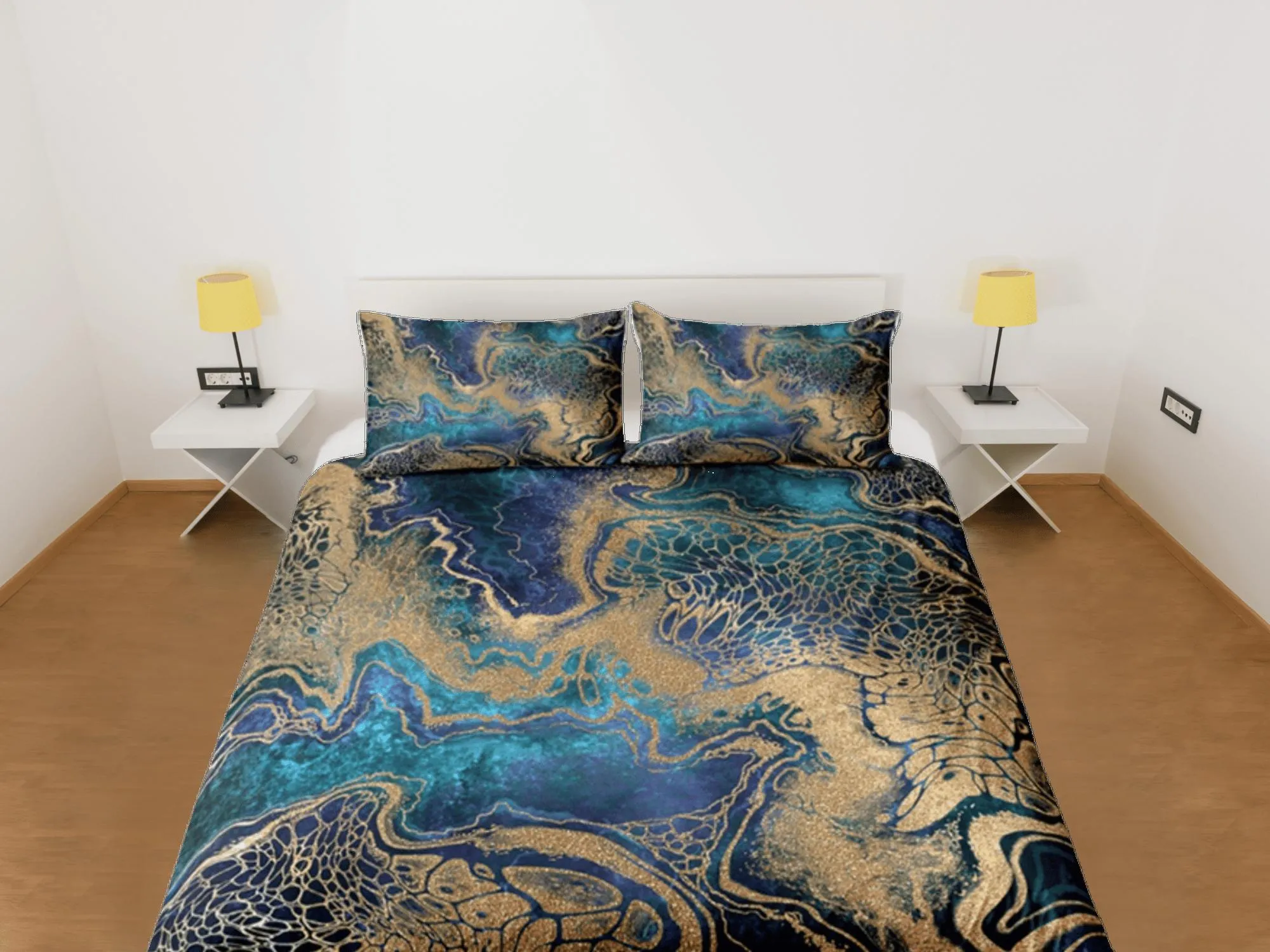 Gold Marble Swirl Blue Duvet Cover Set Colorful Bedspread, Dorm Bedding & Pillowcase, King Duvet Cover Full, Comforter Queen