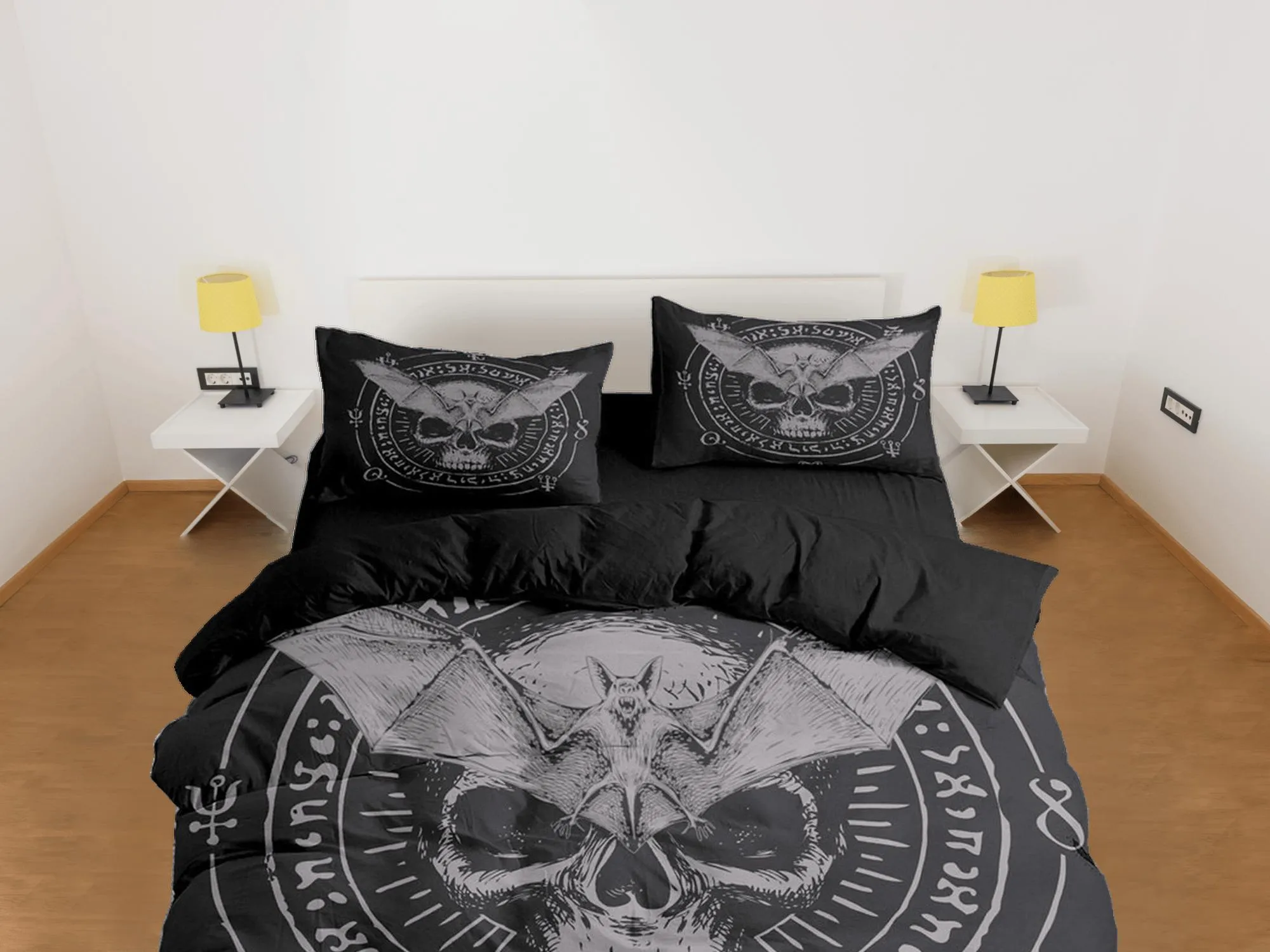 Gothic skull and bat halloween full size bedding & pillowcase, black duvet cover set dorm bedding, nursery toddler bedding, halloween gift