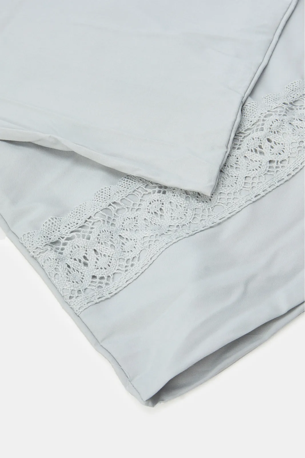 Grey 2 Piece Lace Trim Duvet Cover Set (Single Size)