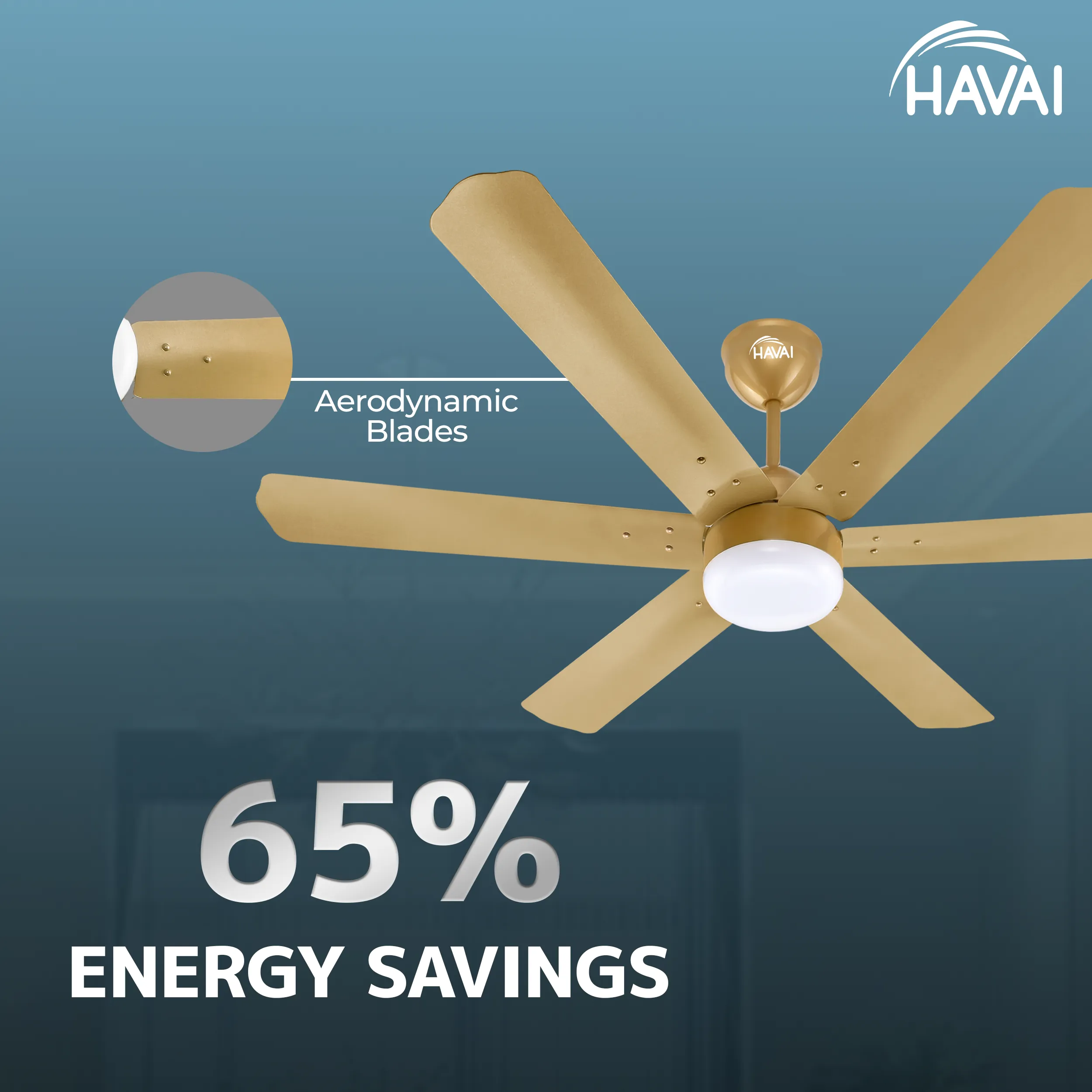 HAVAI Spinel BLDC Ceiling Fan 35W, 1200mm Blade with Remote - Champagne Yellow, 0.5W LED Light