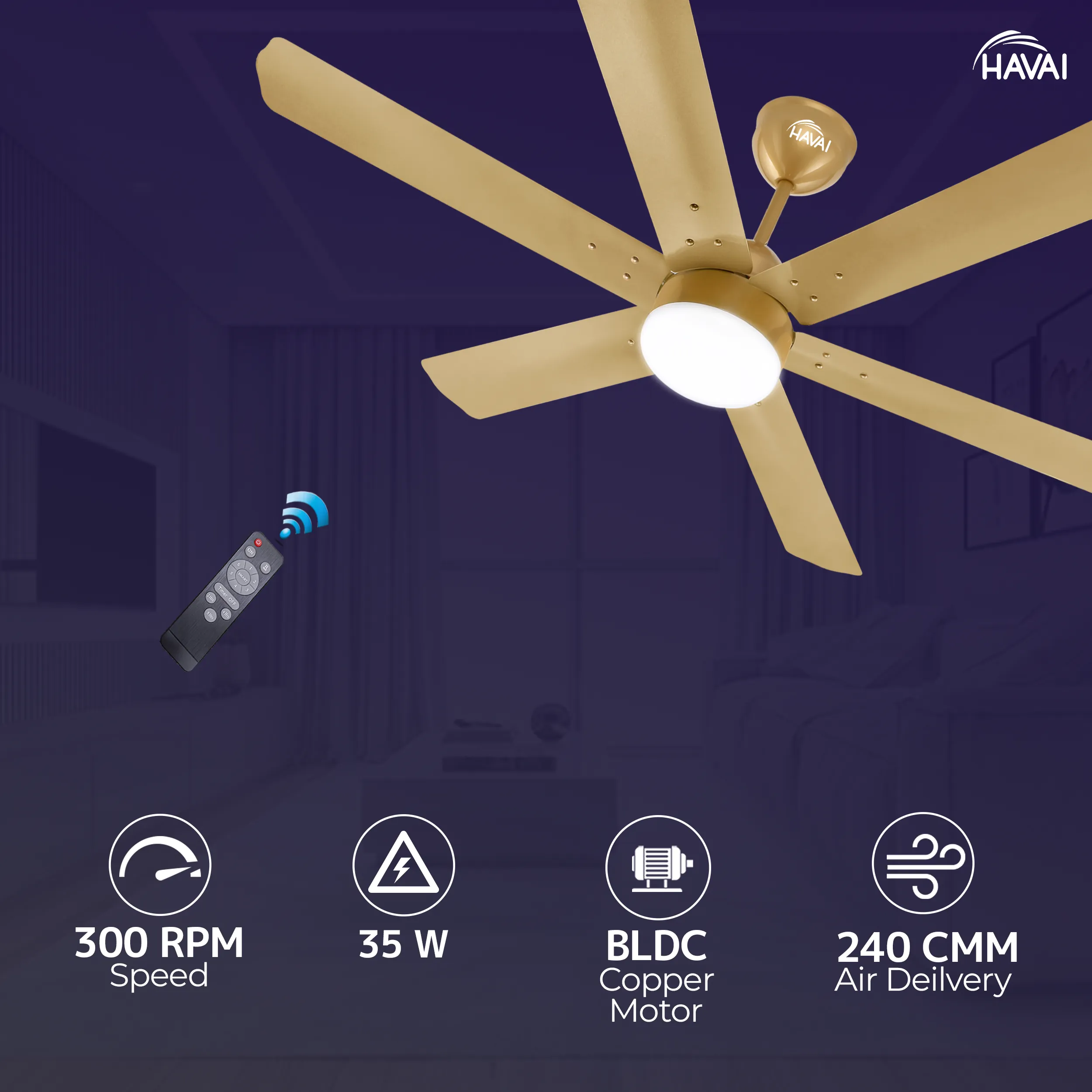 HAVAI Spinel BLDC Ceiling Fan 35W, 1200mm Blade with Remote - Champagne Yellow, 0.5W LED Light