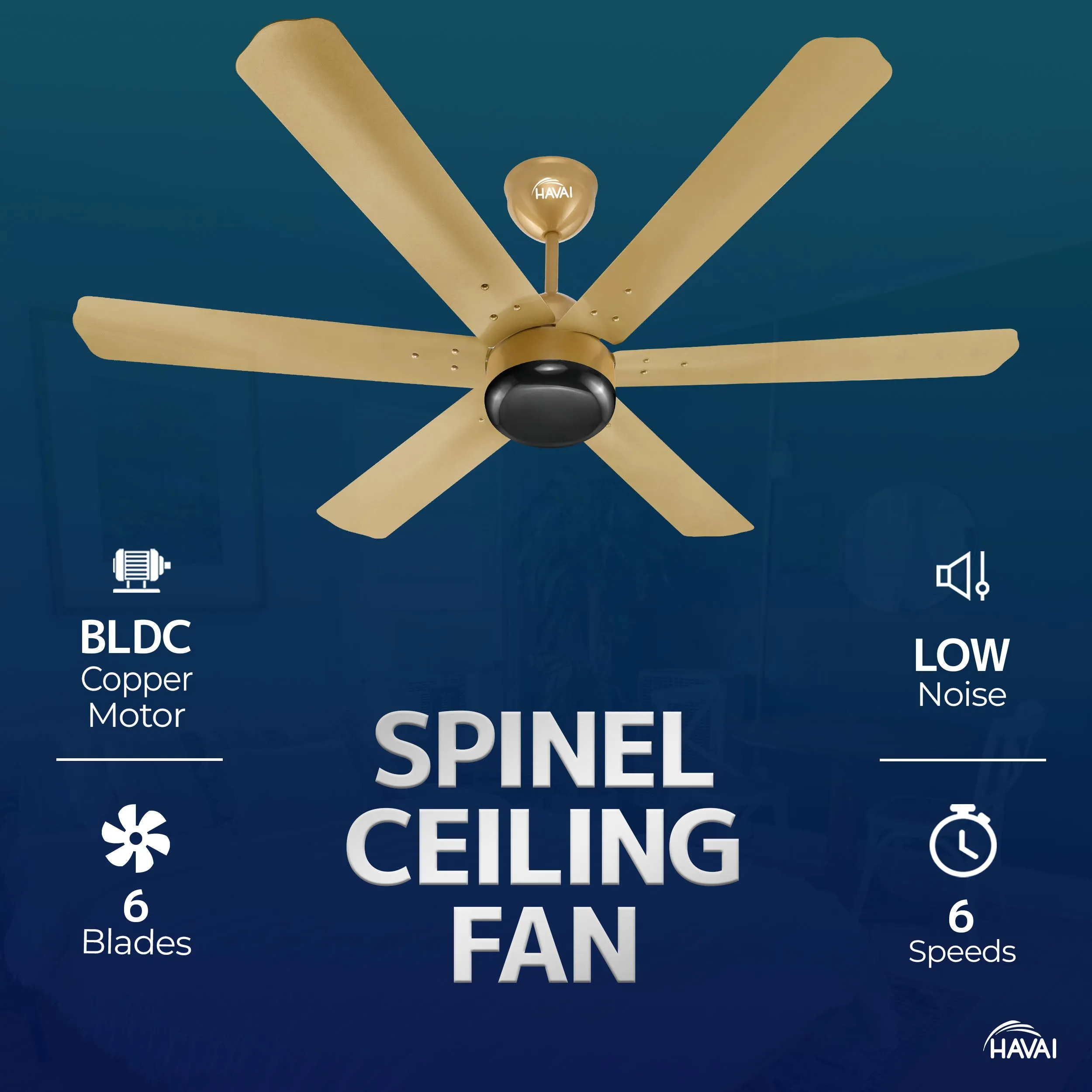 HAVAI Spinel BLDC Ceiling Fan - 6 Blades – Black Motor - 35W, 1200mm Blade with Remote – 0.5W LED (Champagne Yellow)