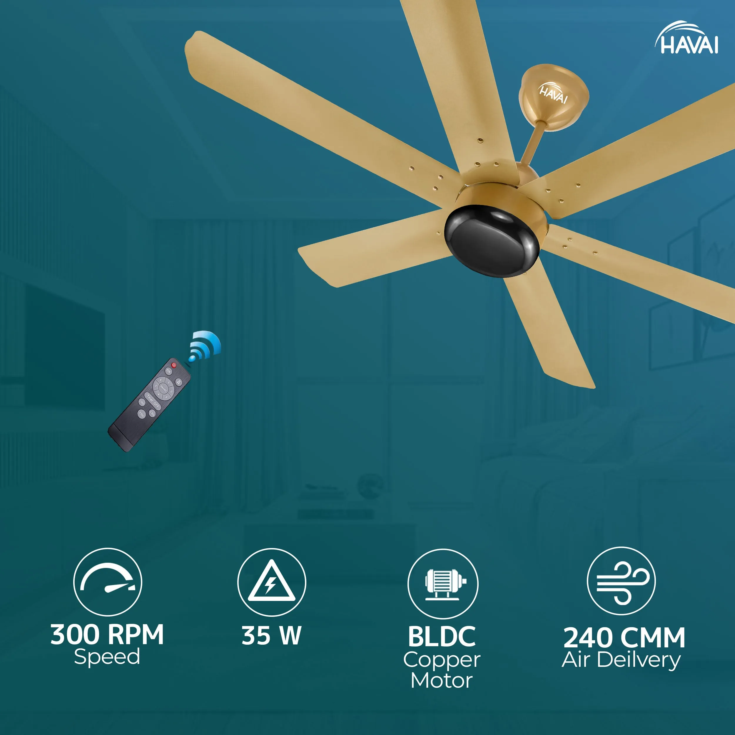 HAVAI Spinel BLDC Ceiling Fan - 6 Blades – Black Motor - 35W, 1200mm Blade with Remote – 0.5W LED (Champagne Yellow)