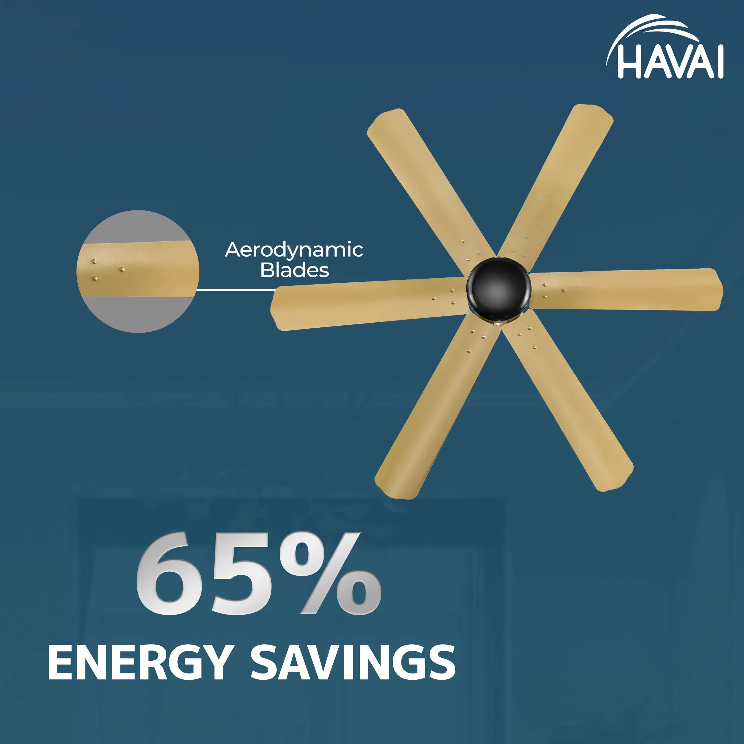 HAVAI Spinel BLDC Ceiling Fan - 6 Blades – Black Motor - 35W, 1200mm Blade with Remote – 0.5W LED (Champagne Yellow)