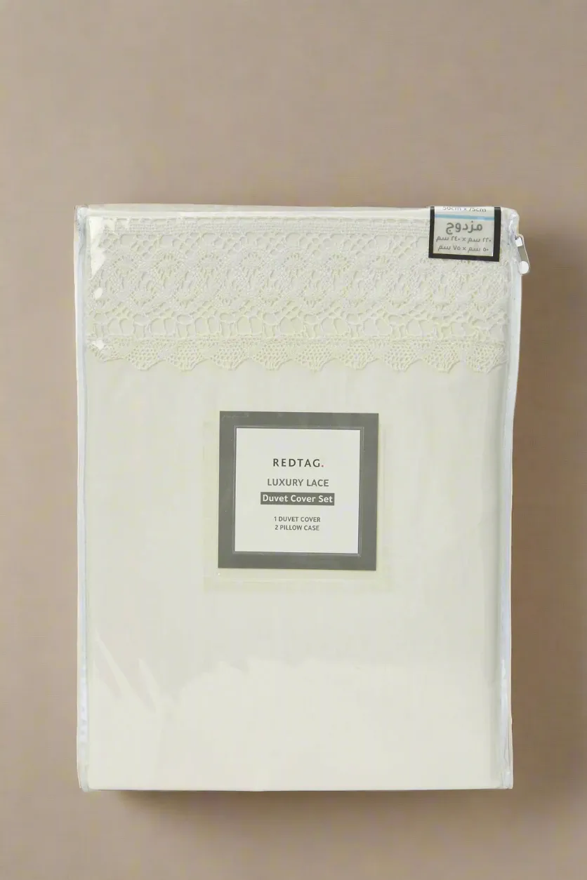 Ivory 3 Piece Lace Trim Duvet Cover Set (Double Size)