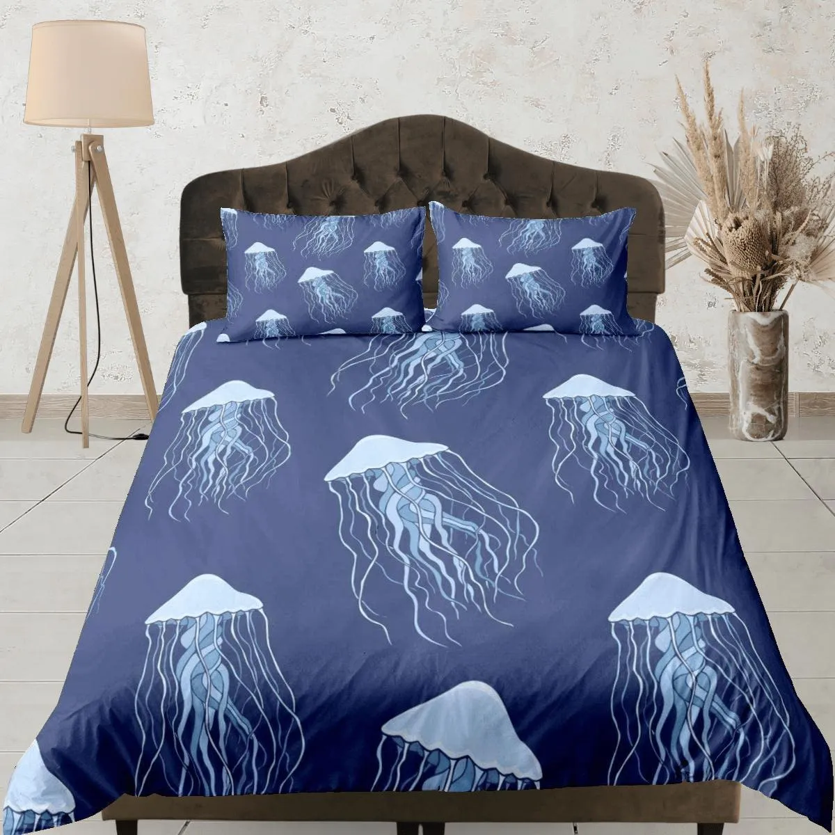 Jellyfish bedding denim blue duvet cover, ocean blush sea animal bedding set full king queen twin crib toddler, college dorm bedding gift