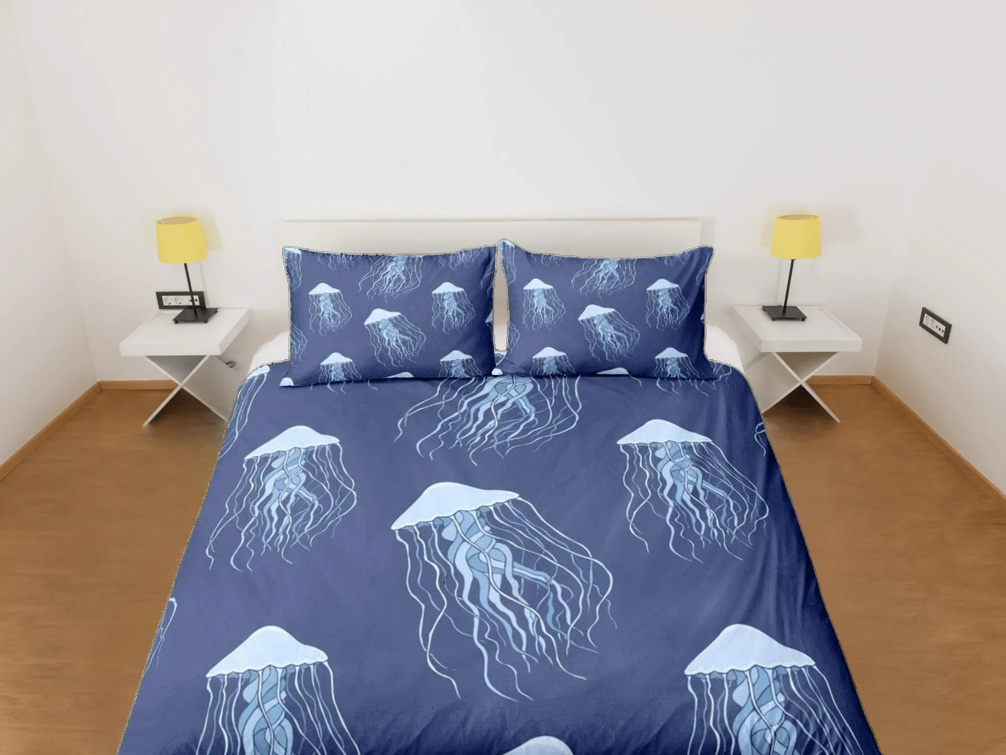 Jellyfish bedding denim blue duvet cover, ocean blush sea animal bedding set full king queen twin crib toddler, college dorm bedding gift