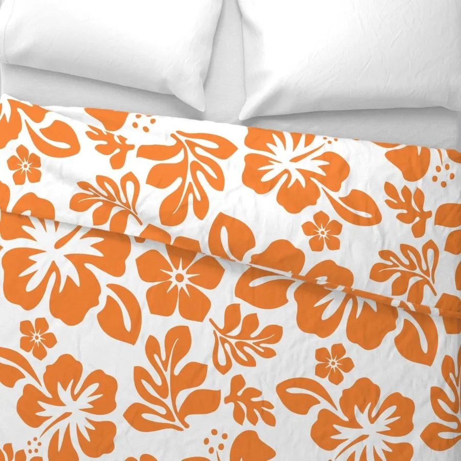 Juicy Orange Hibiscus and Hawaiian Flowers on White Duvet Cover -Medium Scale