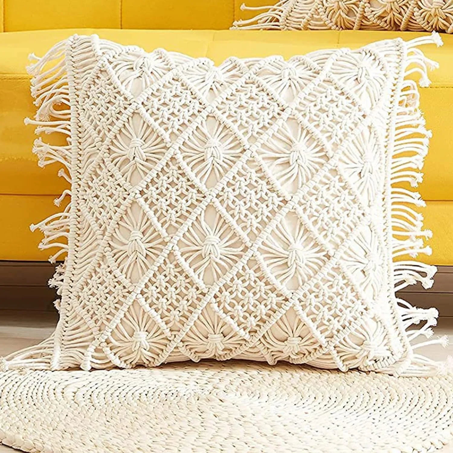 Kaahira Set of 2 Soft Touch Boho Home Decor Macrame Cushion Cover | Bohemian Throw Pillow Case for Sofa, Couch Bed, Living Room - (16x16, Off White)