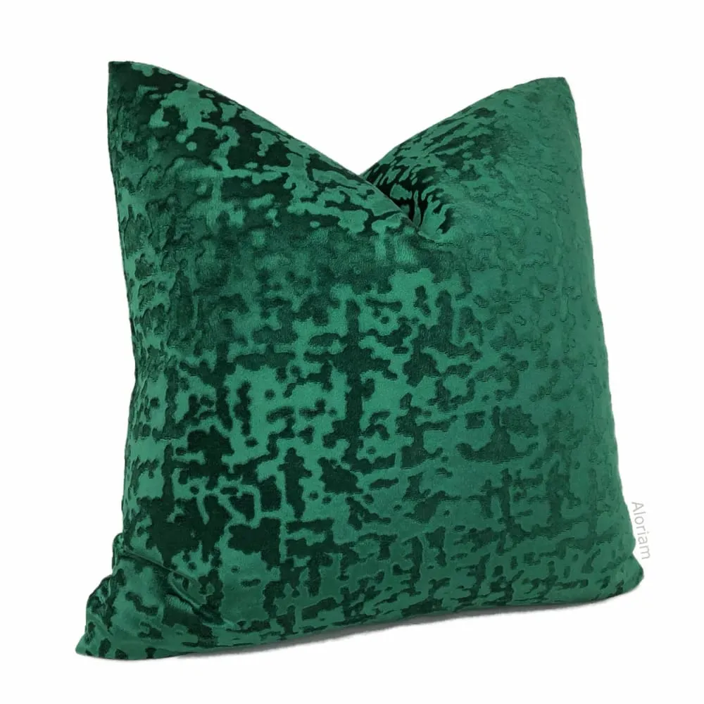 Kael II Emerald Green Abstract Distressed Tonal Velvet Pillow Cover