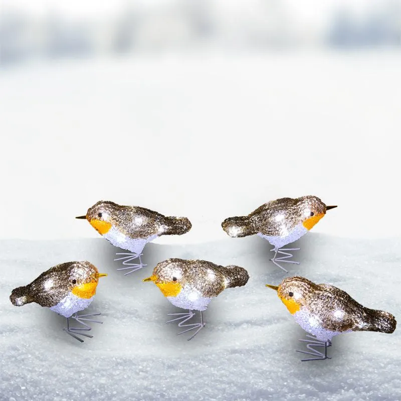 LED Ice White Outdoor Robin Decorative Light Set of Five Mains 8.5cm