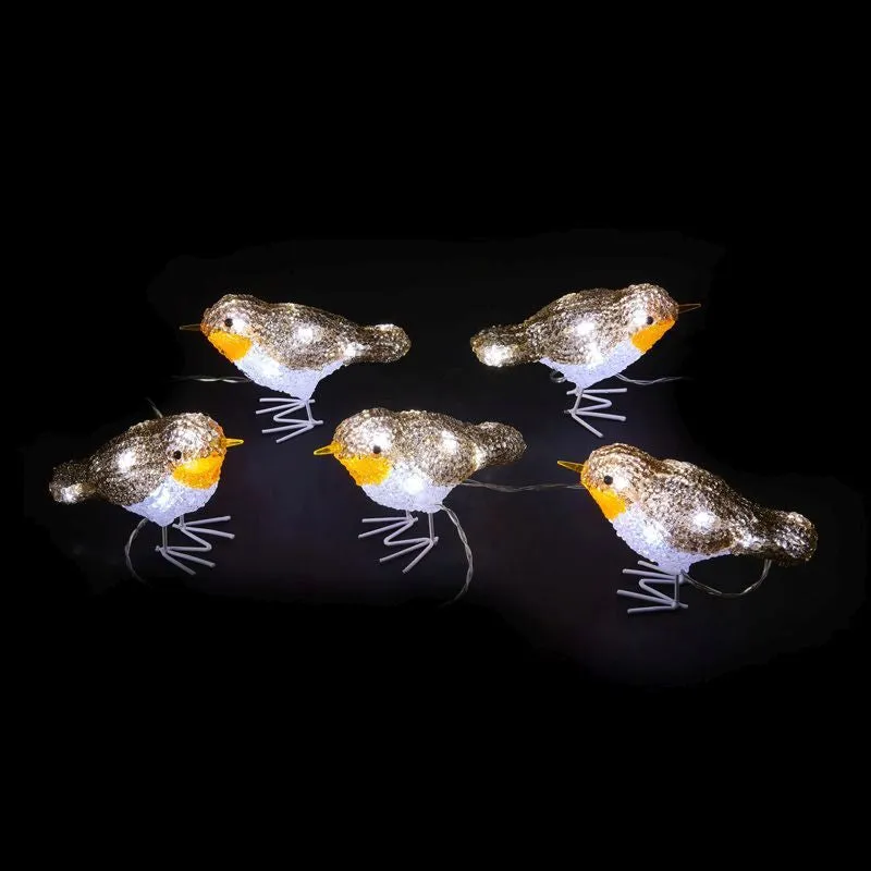 LED Ice White Outdoor Robin Decorative Light Set of Five Mains 8.5cm