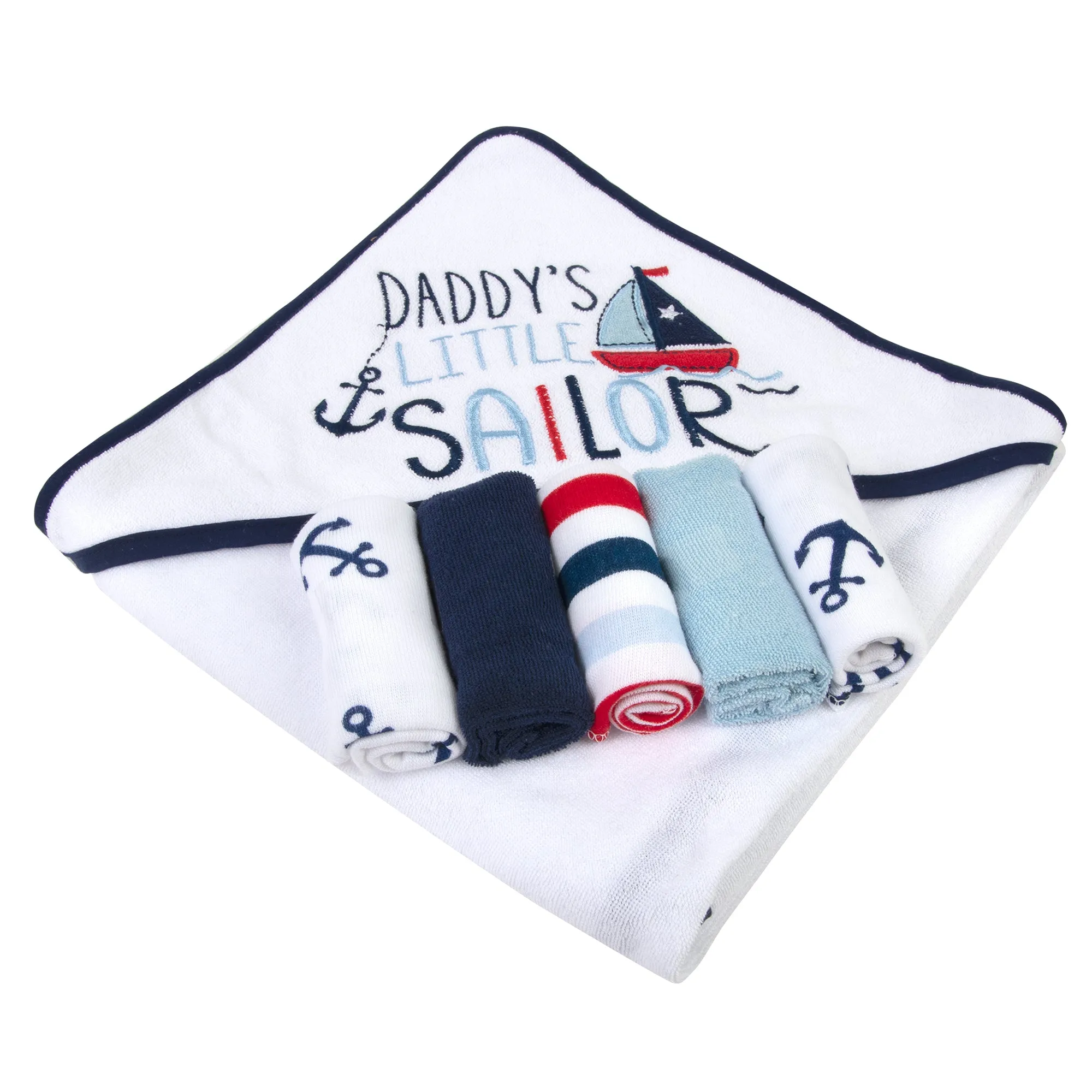 Little Sailor Hooded Bath Towel & 5 Wash Cloth Baby Bath Sets