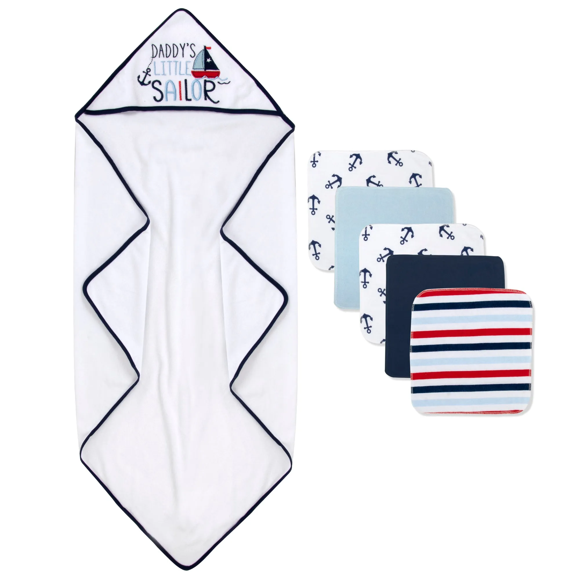 Little Sailor Hooded Bath Towel & 5 Wash Cloth Baby Bath Sets