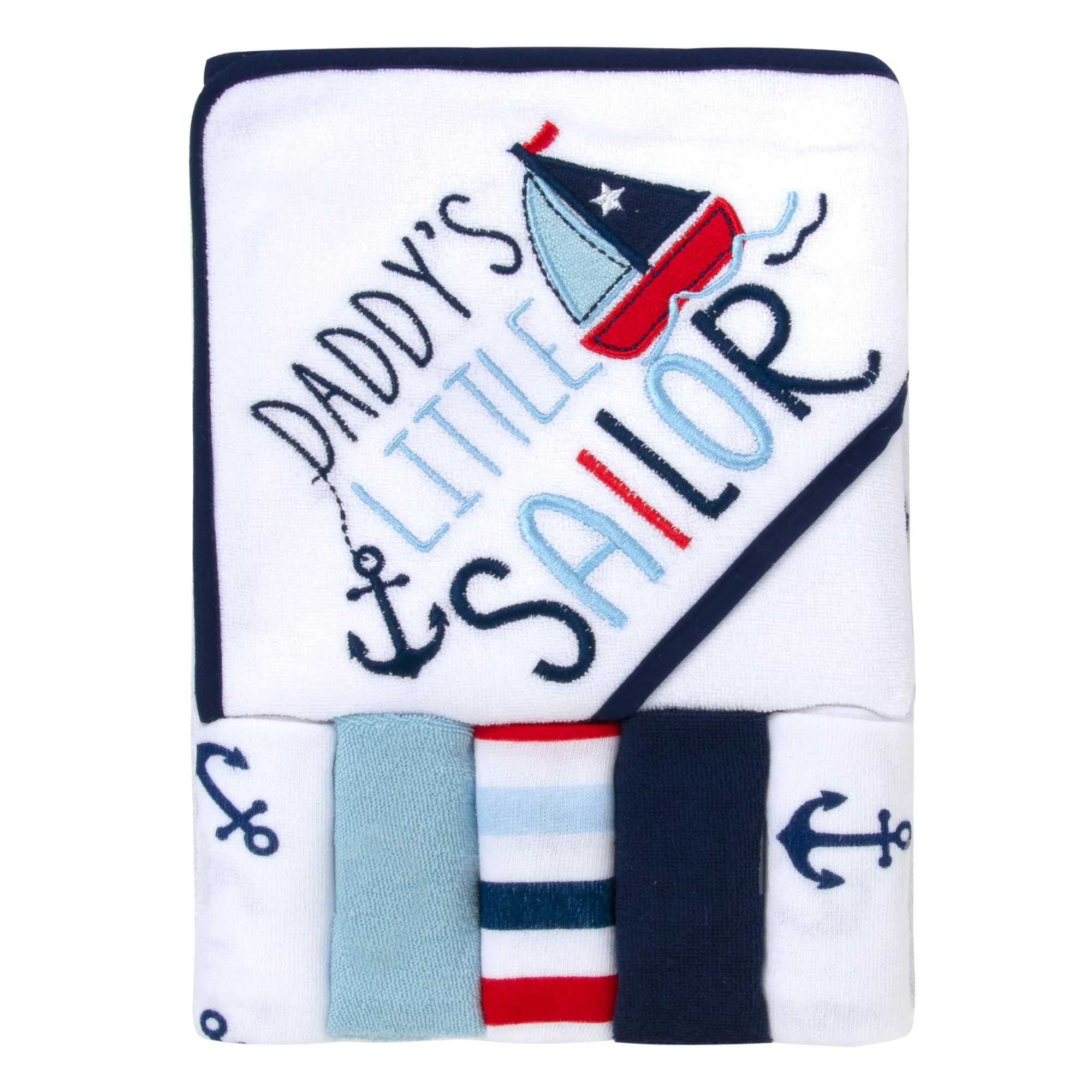 Little Sailor Hooded Bath Towel & 5 Wash Cloth Baby Bath Sets