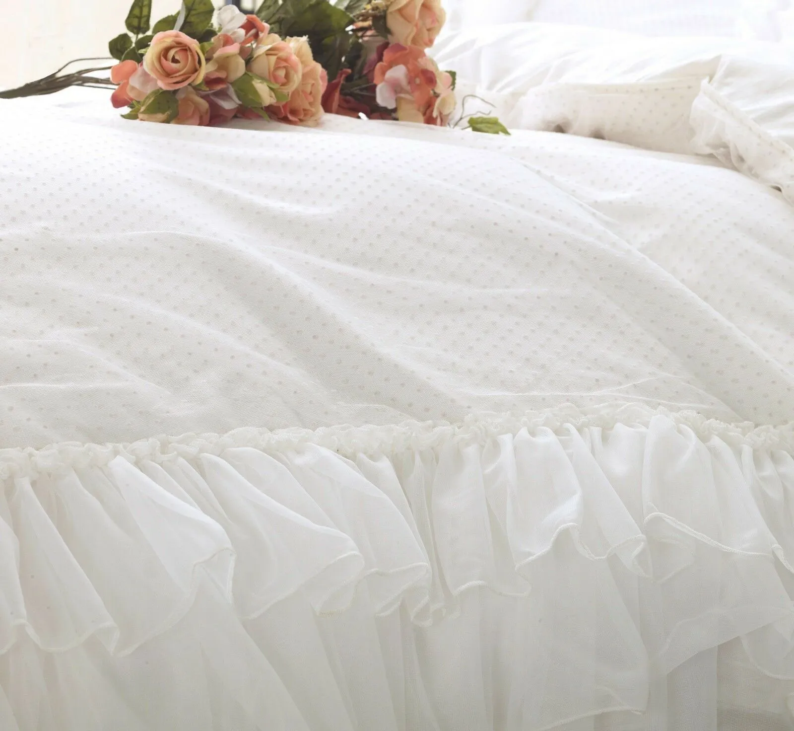 Luxury White Ruffle Lace Quilt Duvet Cover Bedding Set Full Queen King Bedding