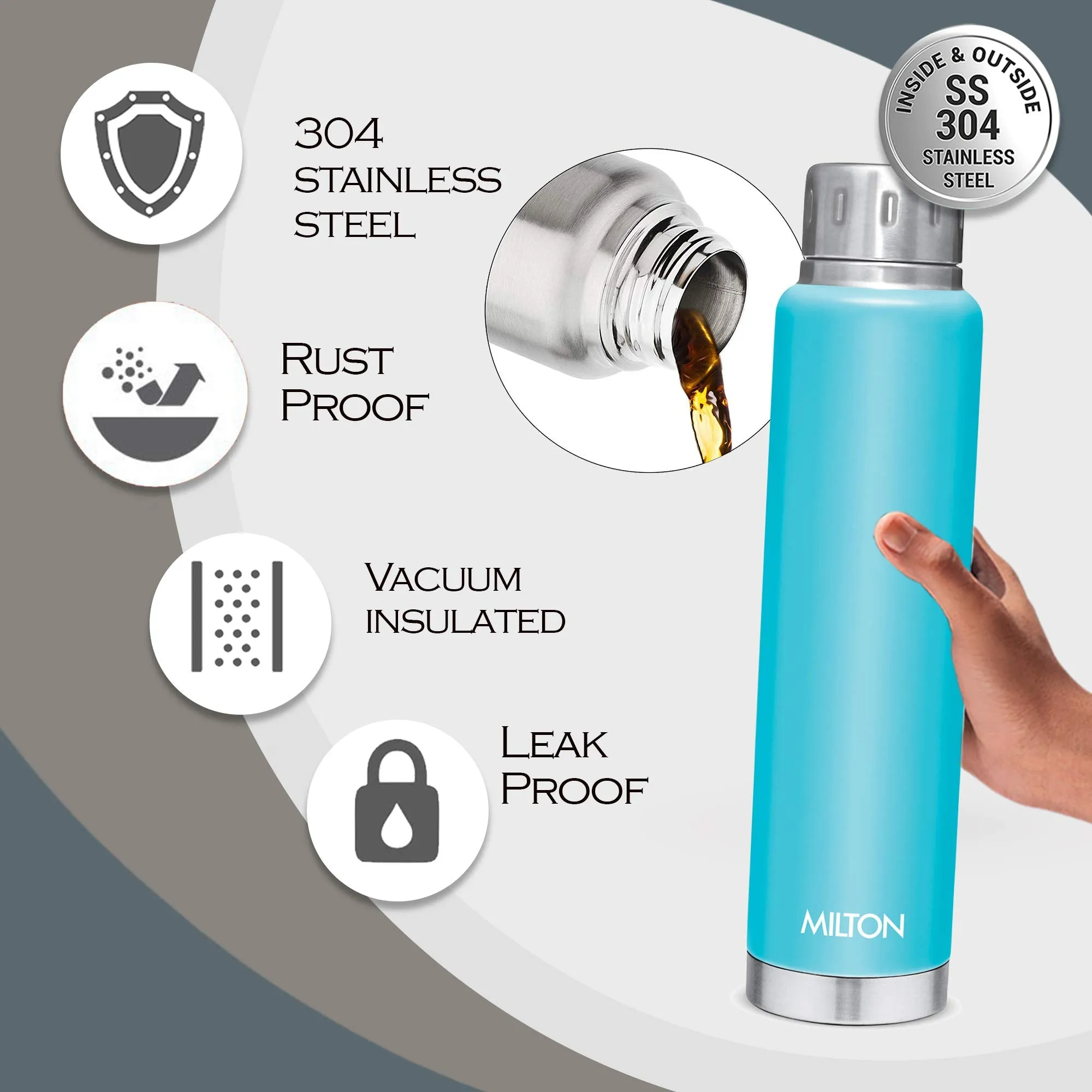 Milton Elfin 750 Thermosteel 24 Hours Hot and Cold Water Bottle, 750 ml, Light Blue | Leak Proof | Easy to Carry | Office Bottle | Hiking | Trekking | Travel Bottle | Gym | Home | Kitchen Bottle